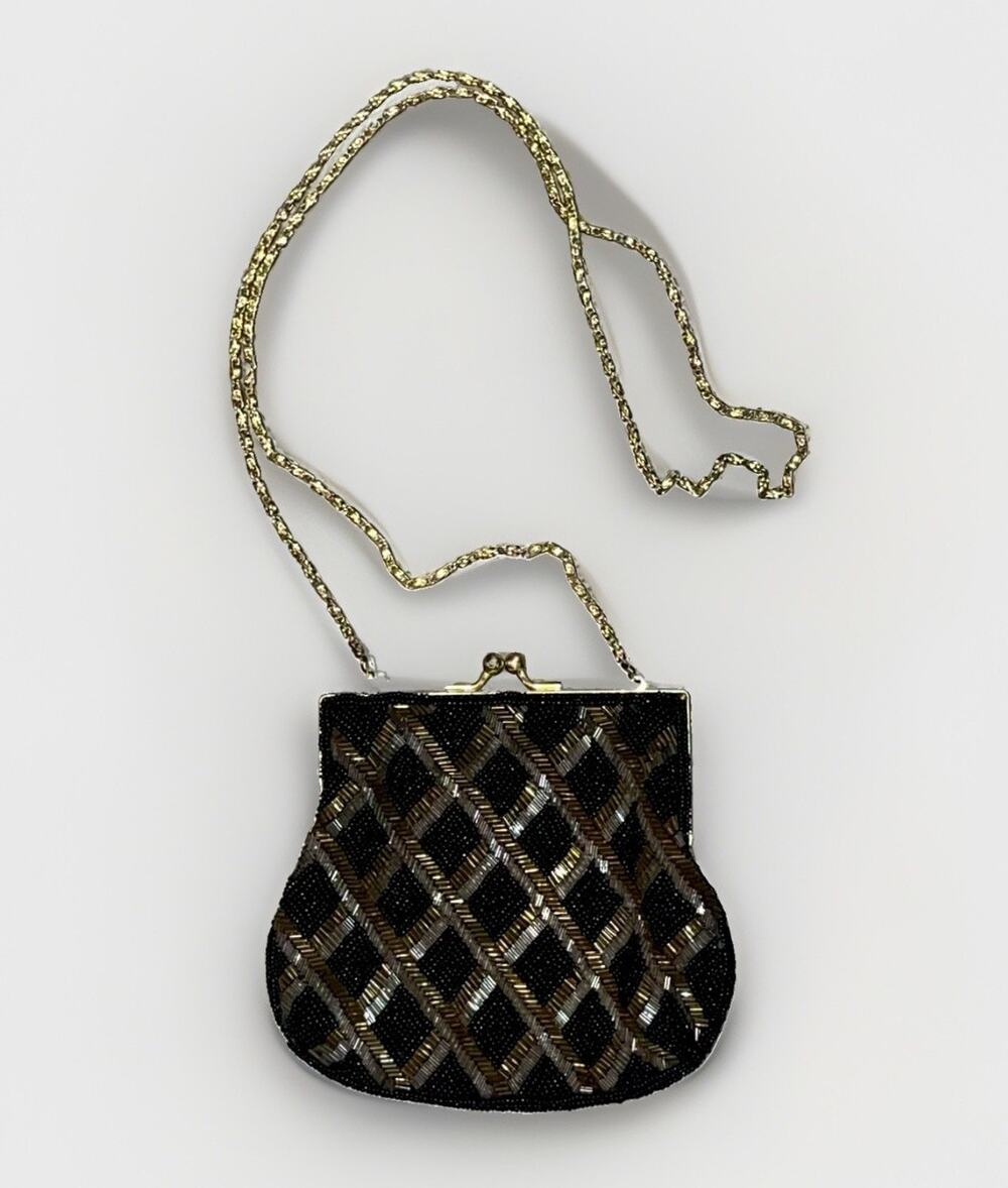 La Regale LTD Vintage Black Beaded Evening Bag Purse Convertible Clutch Shoulder
